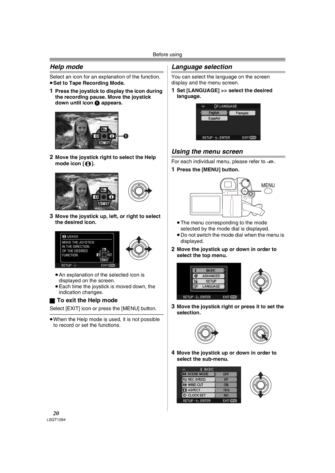 Panasonic PV-GS90PL-S, PVGS90P operating instructions Language selection, Using the menu screen, To exit the Help mode 