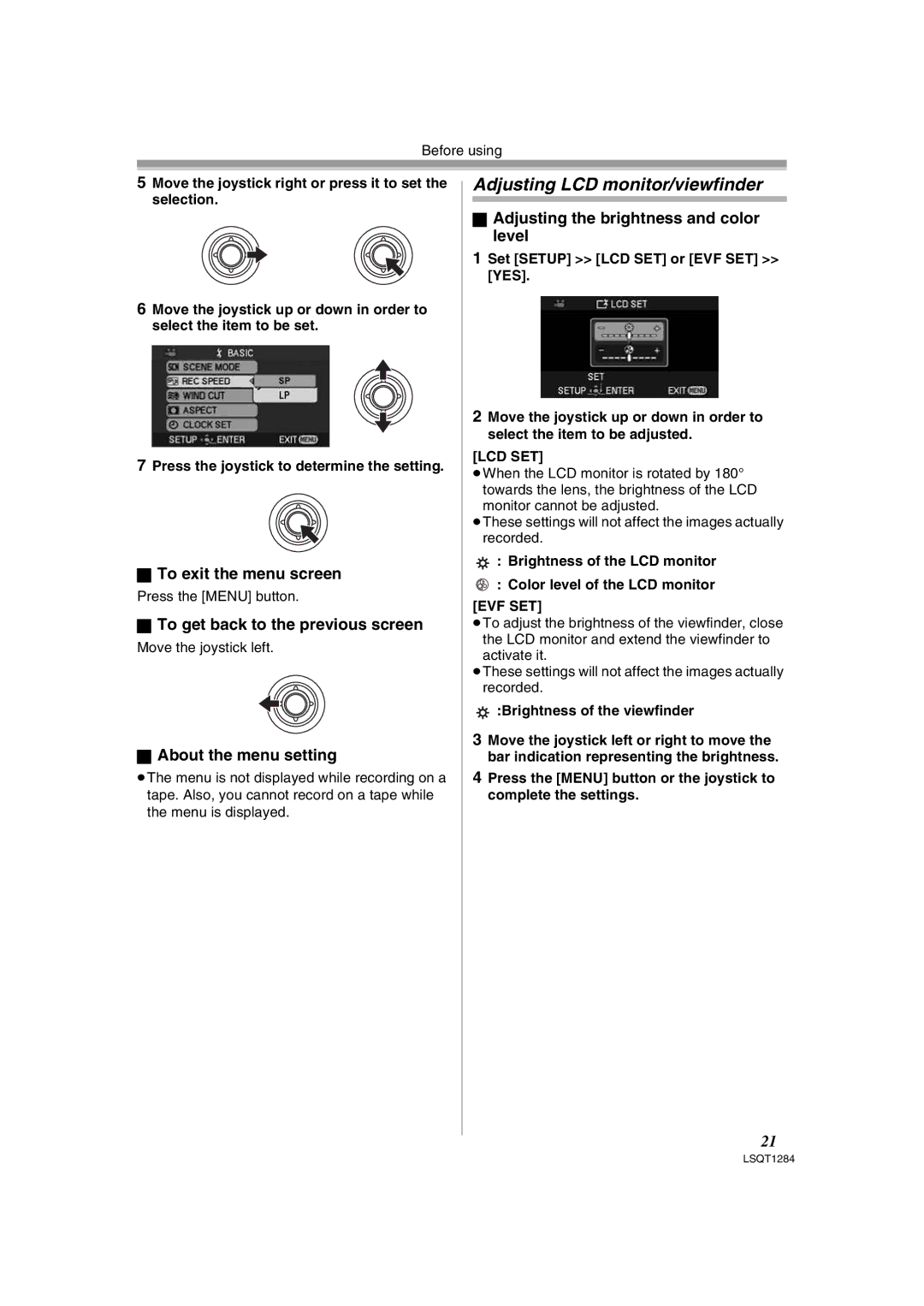 Panasonic PVGS90P Adjusting LCD monitor/viewfinder, To exit the menu screen, To get back to the previous screen 