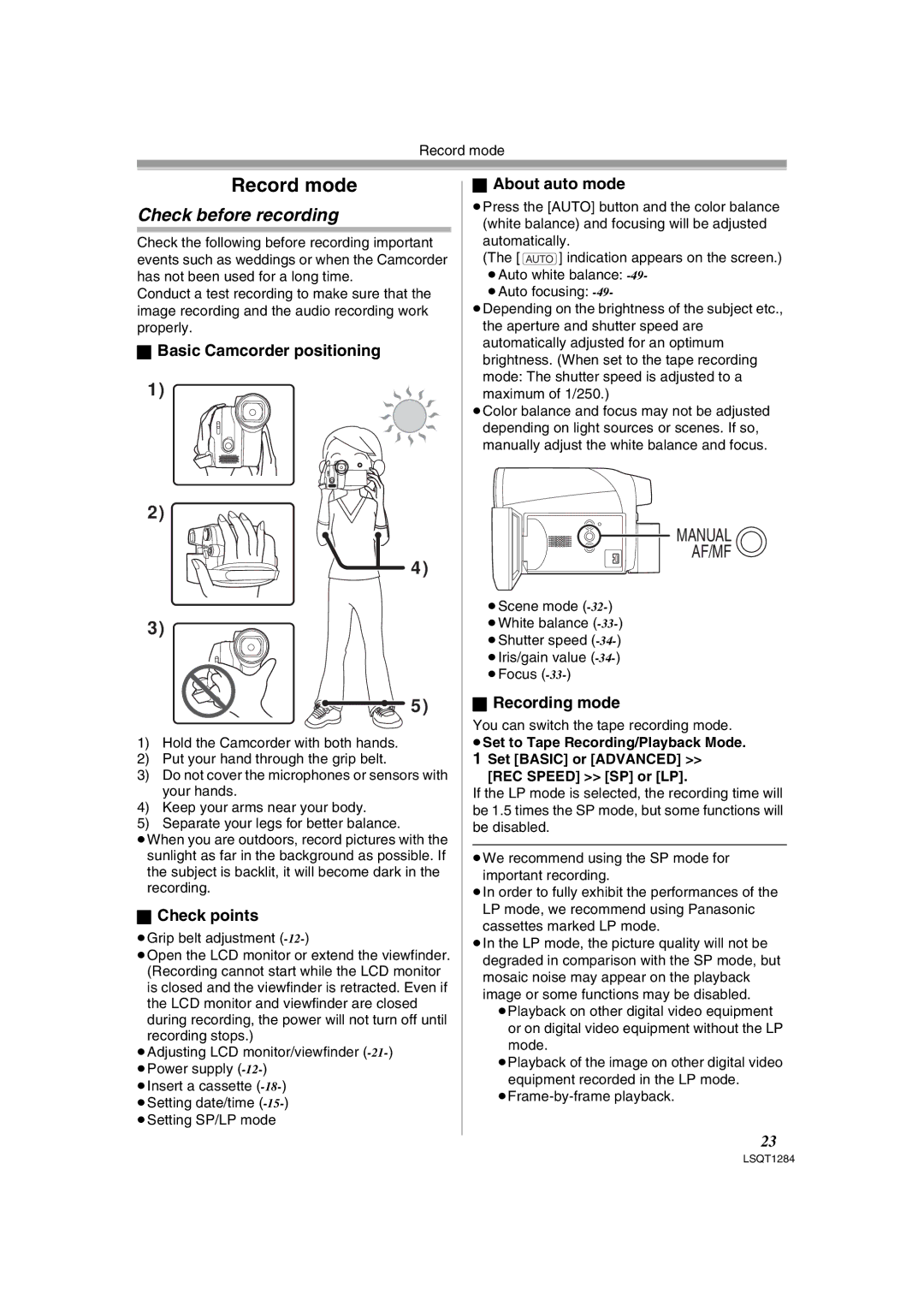 Panasonic PVGS90P Check before recording, Basic Camcorder positioning, Check points, About auto mode, Recording mode 