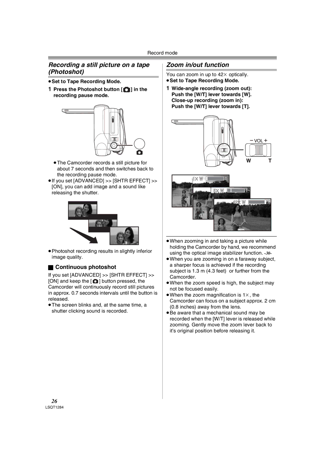 Panasonic PV-GS90PL-S, PVGS90P Recording a still picture on a tape Photoshot, Zoom in/out function, Continuous photoshot 