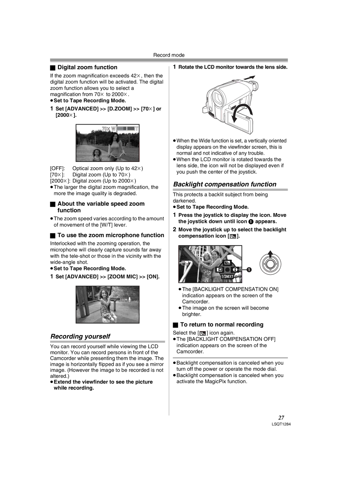 Panasonic PVGS90P, PV-GS90PL-S operating instructions Recording yourself, Backlight compensation function 