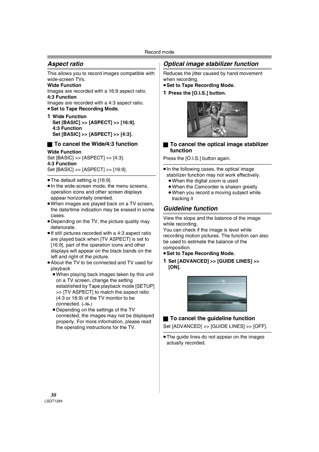 Panasonic PV-GS90PL-S, PVGS90P operating instructions Aspect ratio, Optical image stabilizer function, Guideline function 