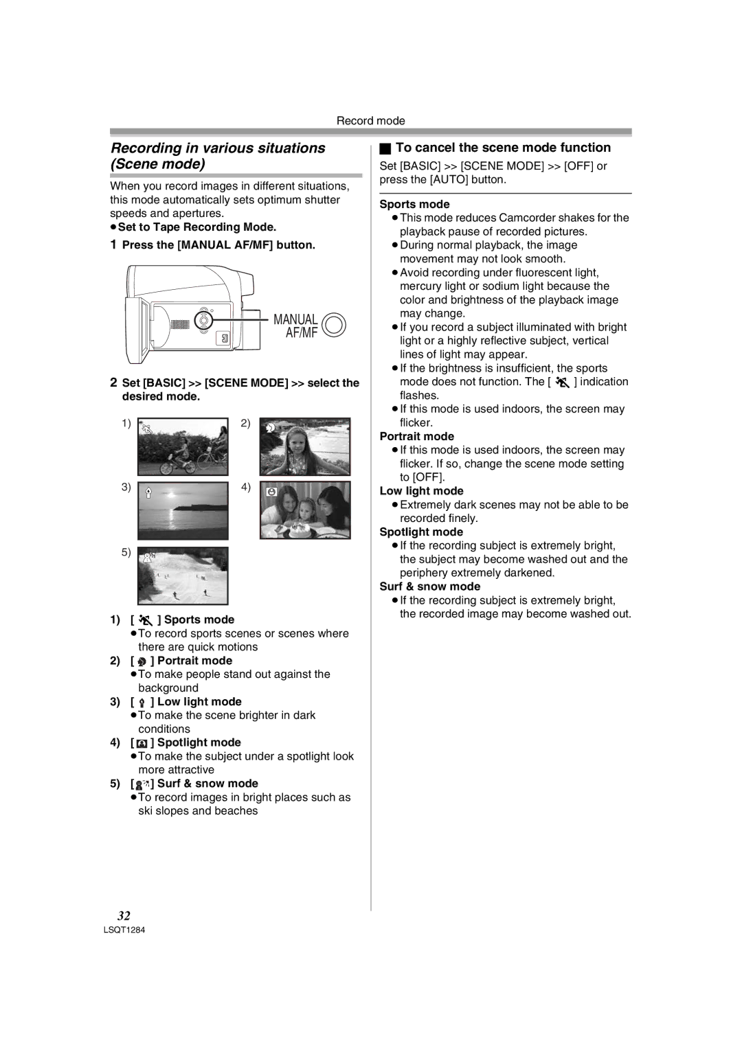 Panasonic PV-GS90PL-S, PVGS90P Recording in various situations Scene mode, To cancel the scene mode function 