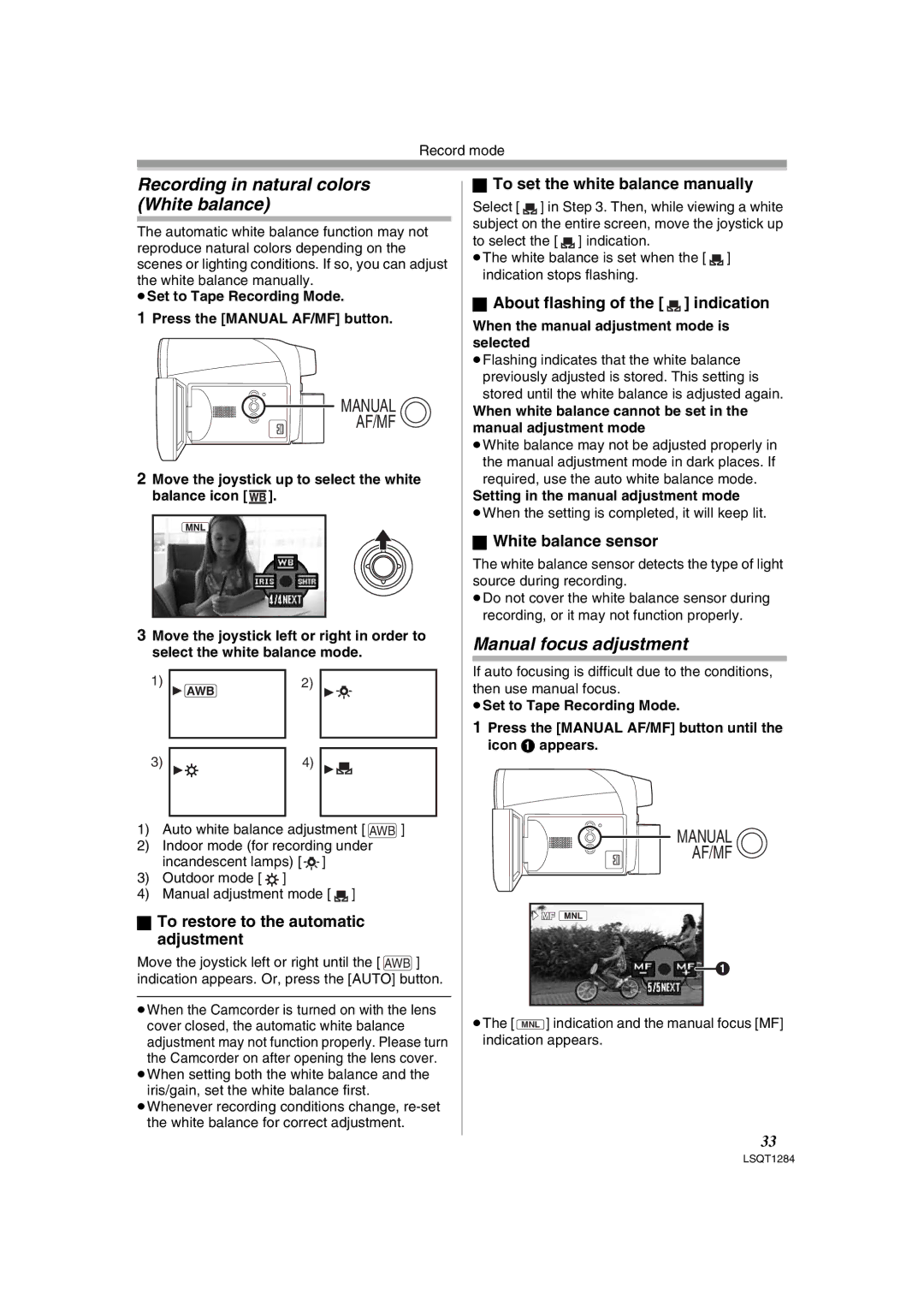 Panasonic PVGS90P, PV-GS90PL-S operating instructions Recording in natural colors White balance, Manual focus adjustment 