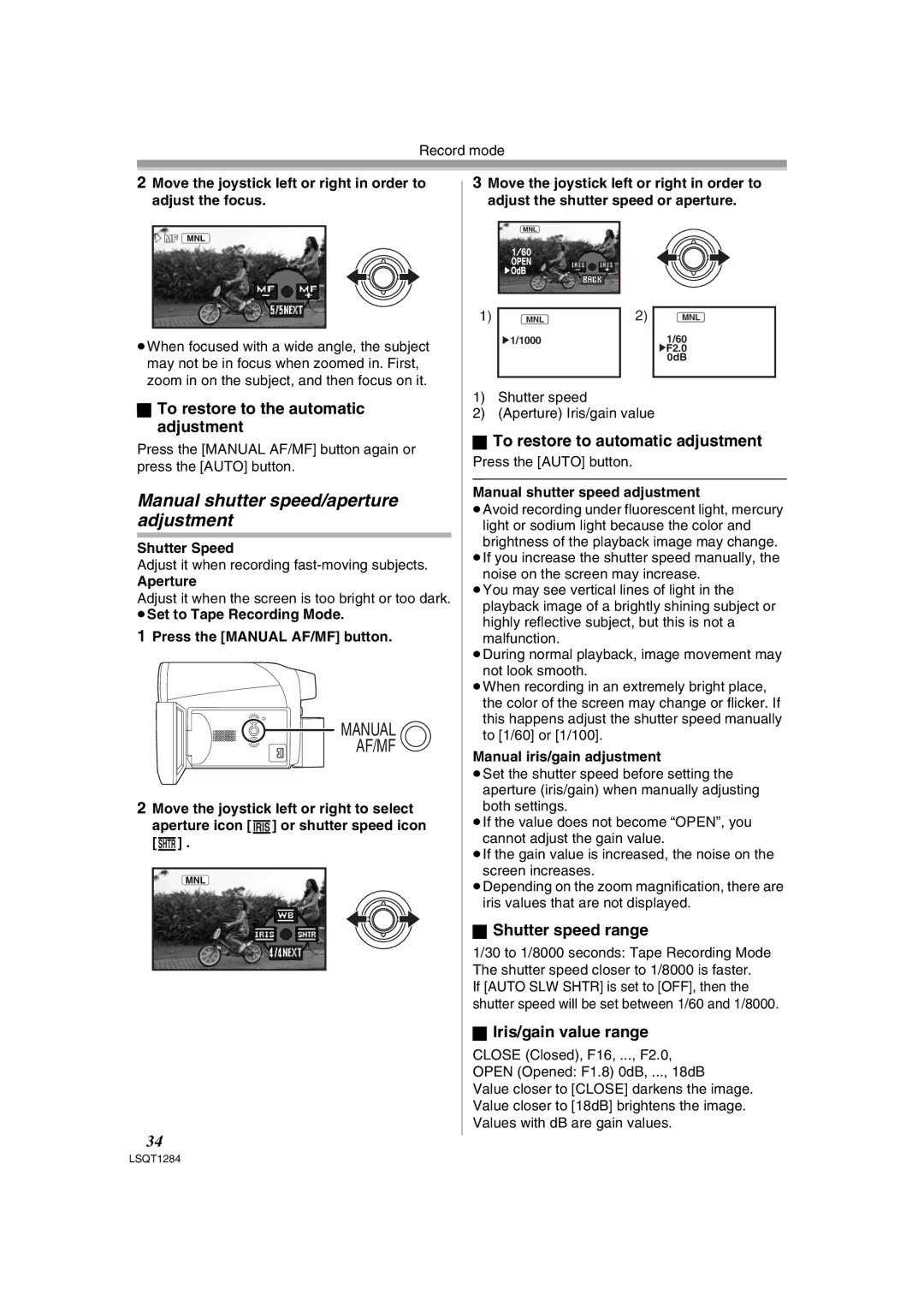 Panasonic PV-GS90PL-S Manual shutter speed/aperture adjustment, To restore to automatic adjustment, Shutter speed range 