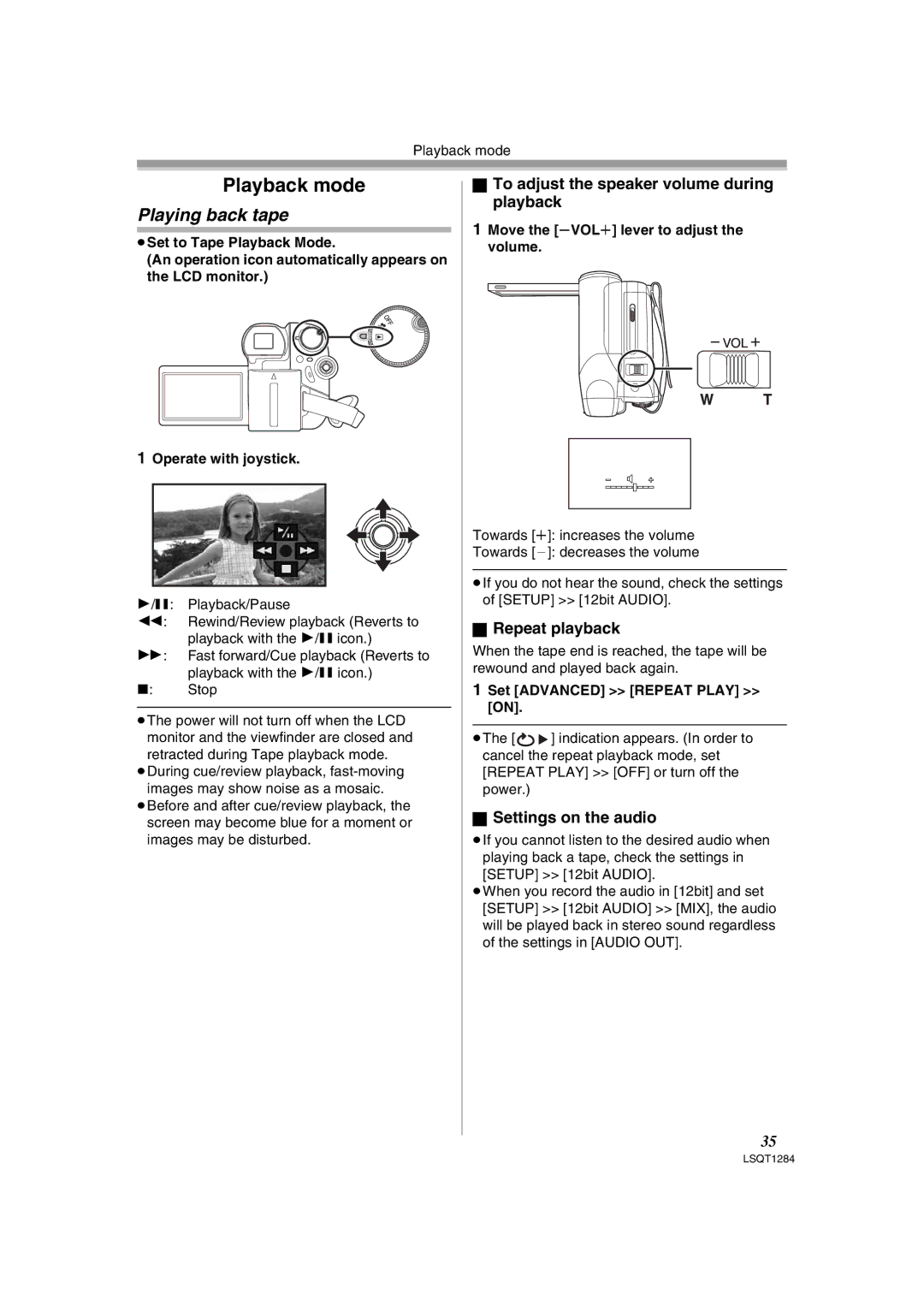 Panasonic PVGS90P Playing back tape, To adjust the speaker volume during playback, Repeat playback, Settings on the audio 