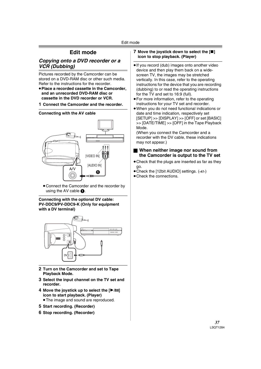 Panasonic PVGS90P, PV-GS90PL-S operating instructions Edit mode, Copying onto a DVD recorder or a VCR Dubbing 