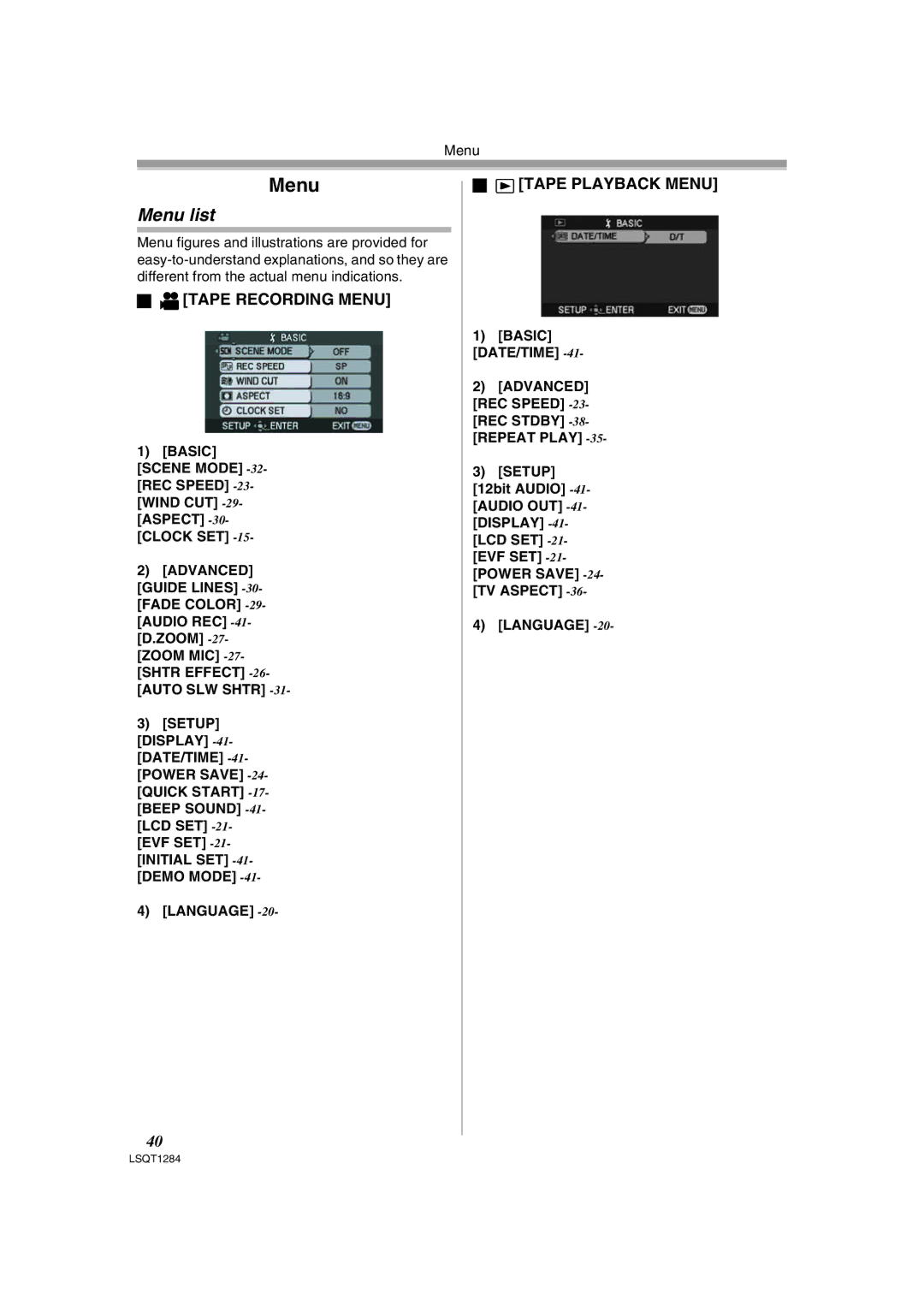 Panasonic PV-GS90PL-S Menu list, Tape Recording Menu, Tape Playback Menu, Advanced REC Speed REC Stdby -38-REPEAT Play 