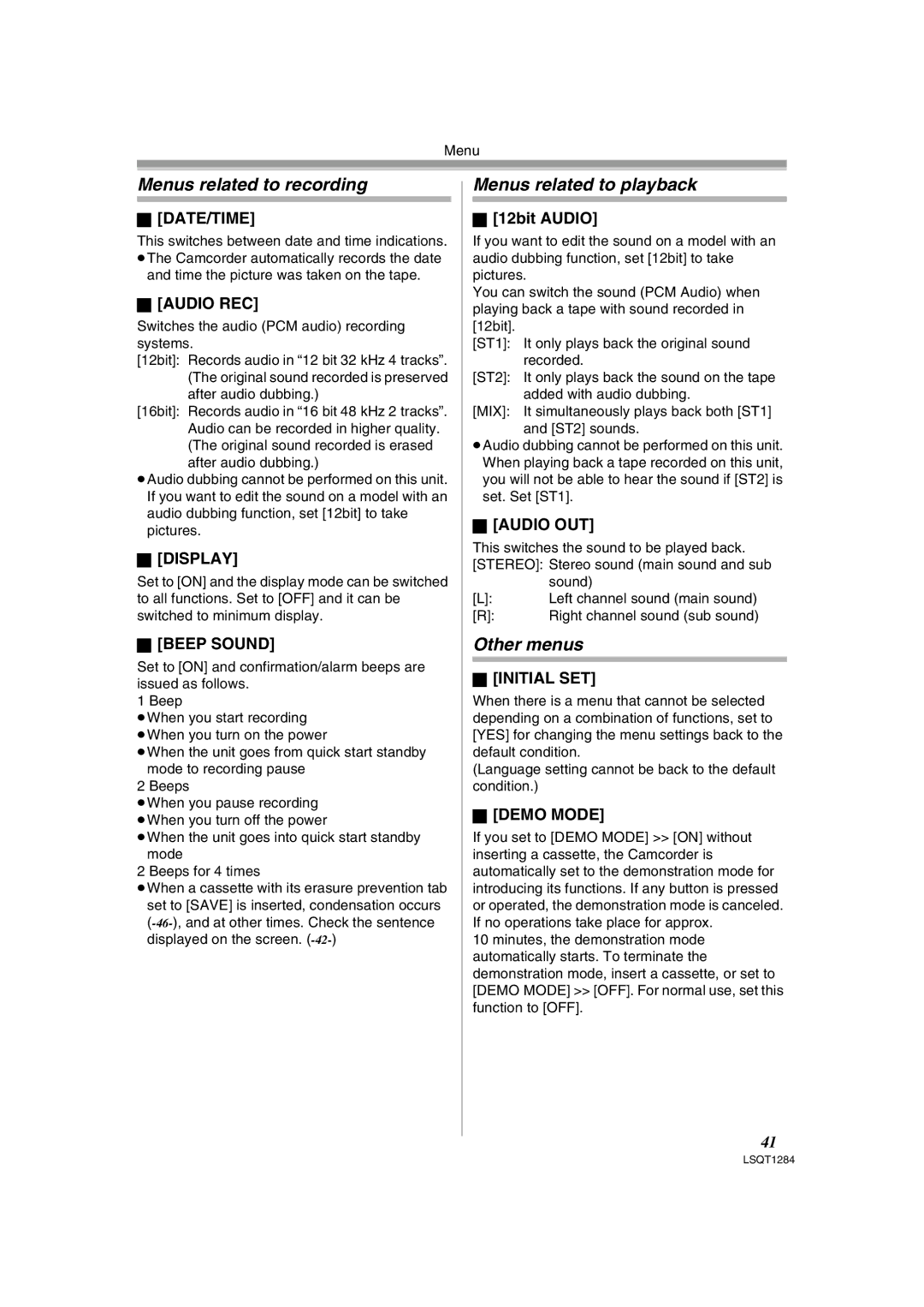 Panasonic PVGS90P, PV-GS90PL-S operating instructions Menus related to recording, Menus related to playback, Other menus 