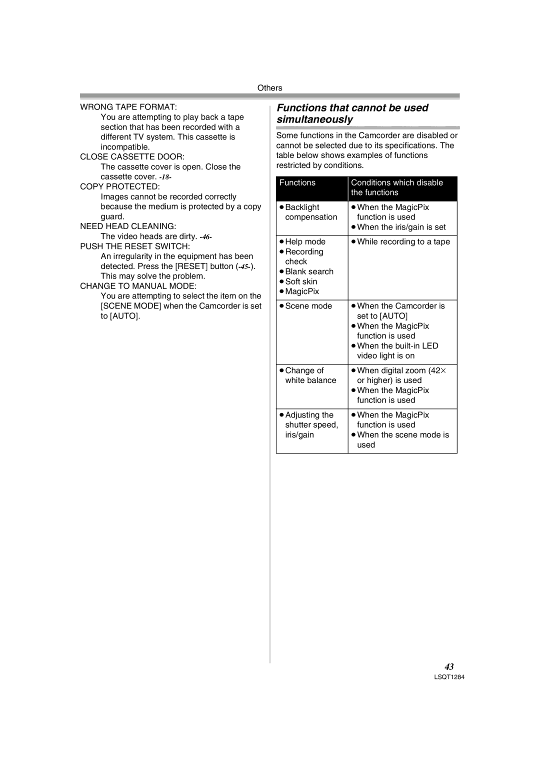 Panasonic PVGS90P, PV-GS90PL-S operating instructions Functions that cannot be used simultaneously, Wrong Tape Format 