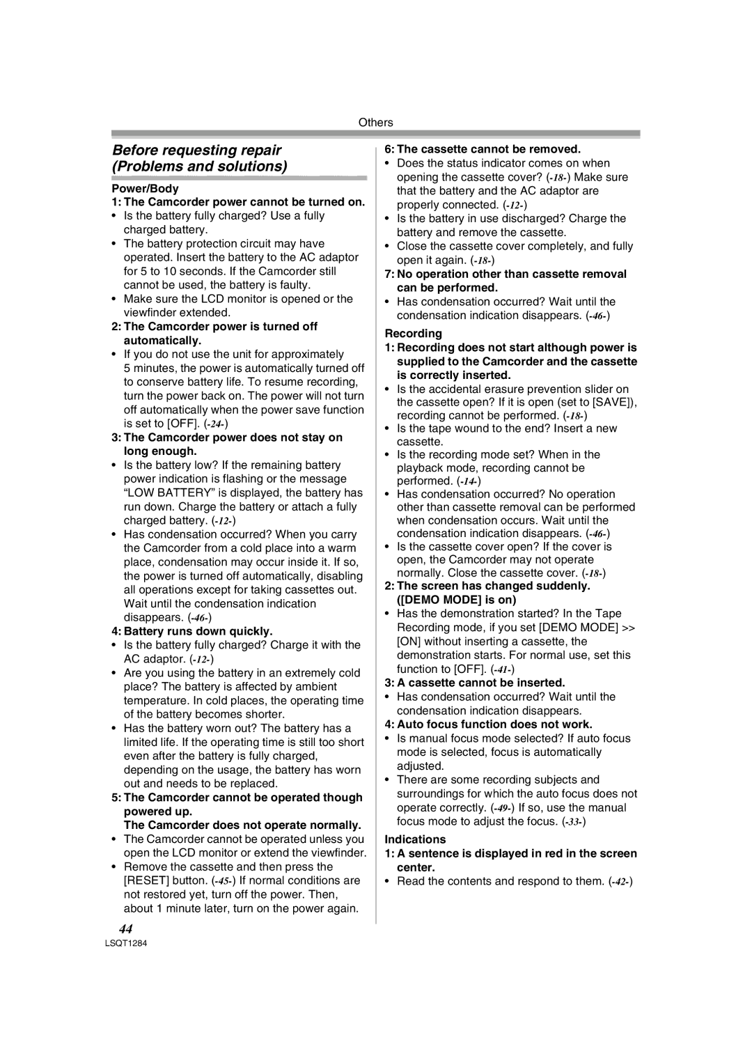 Panasonic PV-GS90PL-S, PVGS90P operating instructions Before requesting repair Problems and solutions 