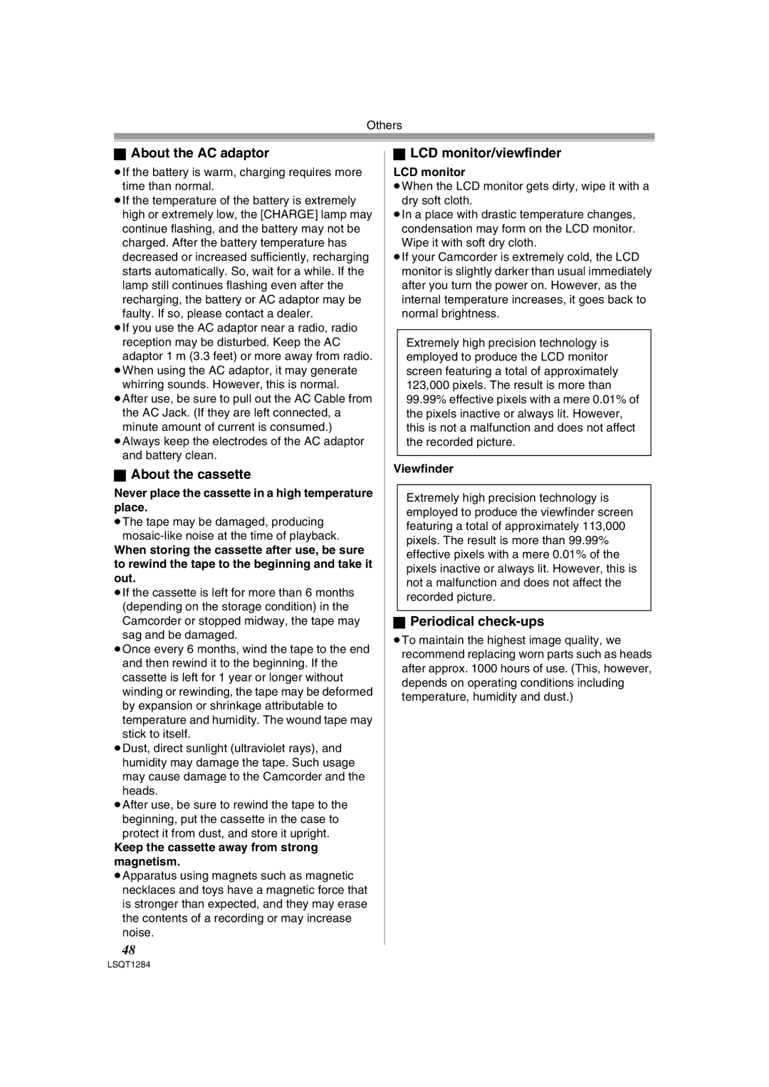 Panasonic PV-GS90PL-S, PVGS90P About the AC adaptor, About the cassette, LCD monitor/viewfinder, Periodical check-ups 