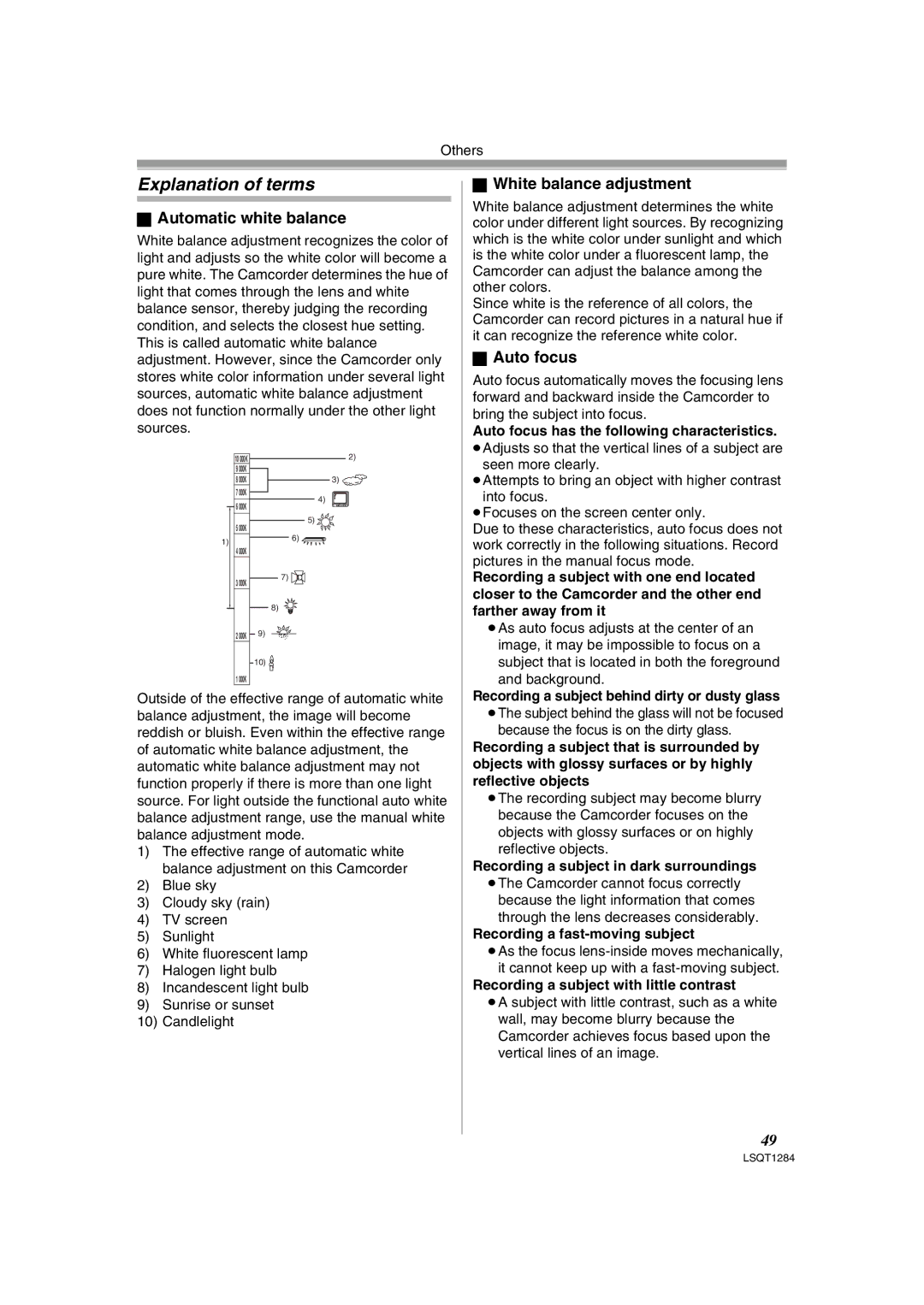 Panasonic PVGS90P, PV-GS90PL-S Explanation of terms, Automatic white balance, White balance adjustment, Auto focus 