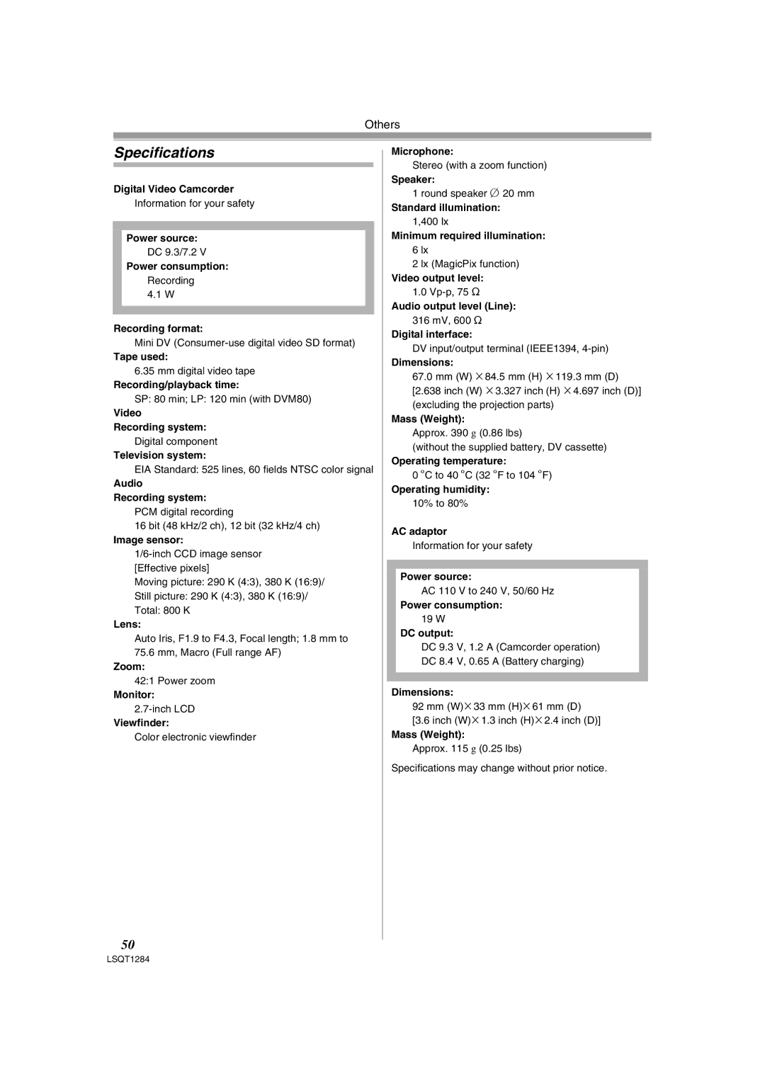 Panasonic PV-GS90PL-S, PVGS90P operating instructions Specifications, Image sensor 