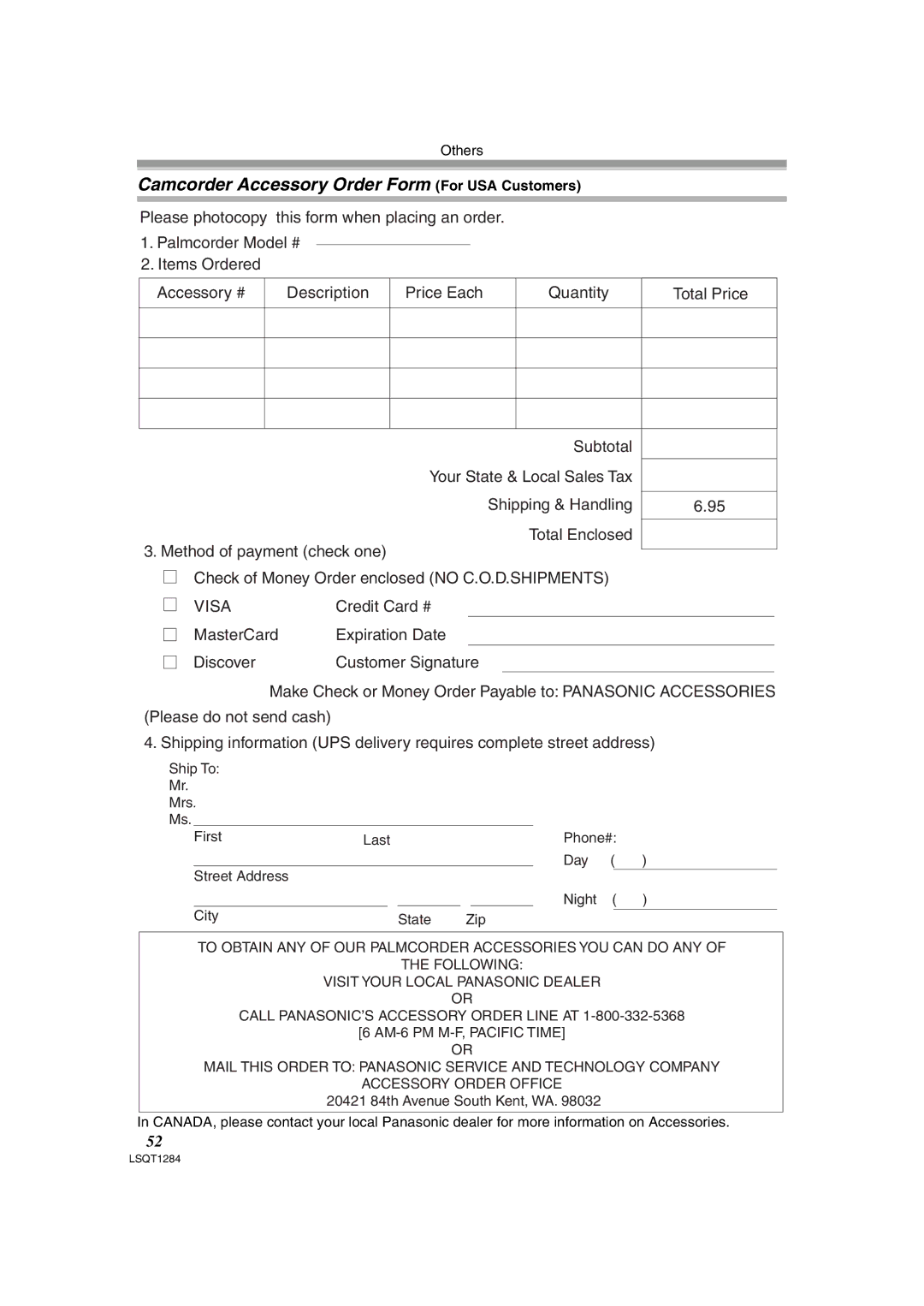 Panasonic PV-GS90PL-S, PVGS90P operating instructions Camcorder Accessory Order Form For USA Customers, Visa 