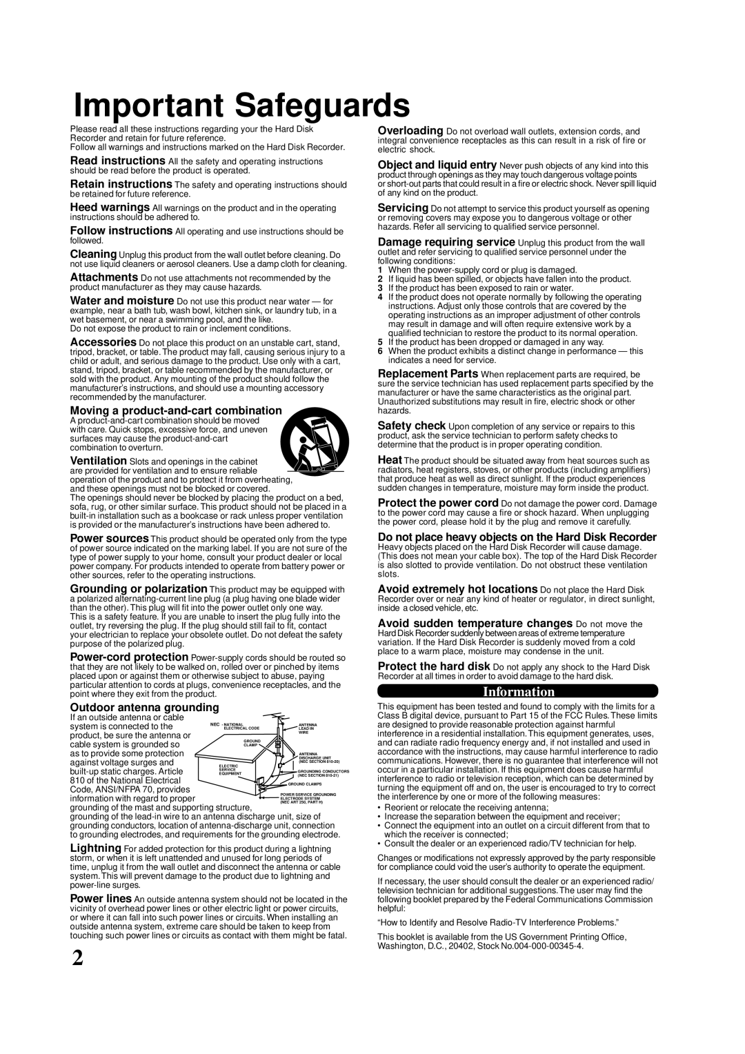 Panasonic PV-HS2000 operating instructions Moving a product-and-cart combination, Outdoor antenna grounding 