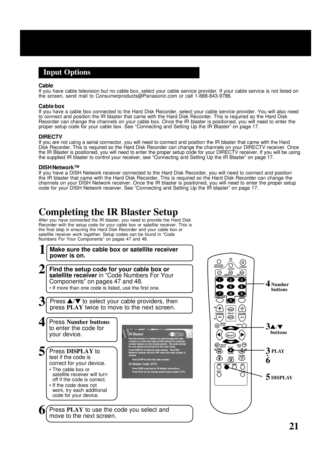 Panasonic PV-HS2000 operating instructions Completing the IR Blaster Setup, Input Options, Press Number buttons 