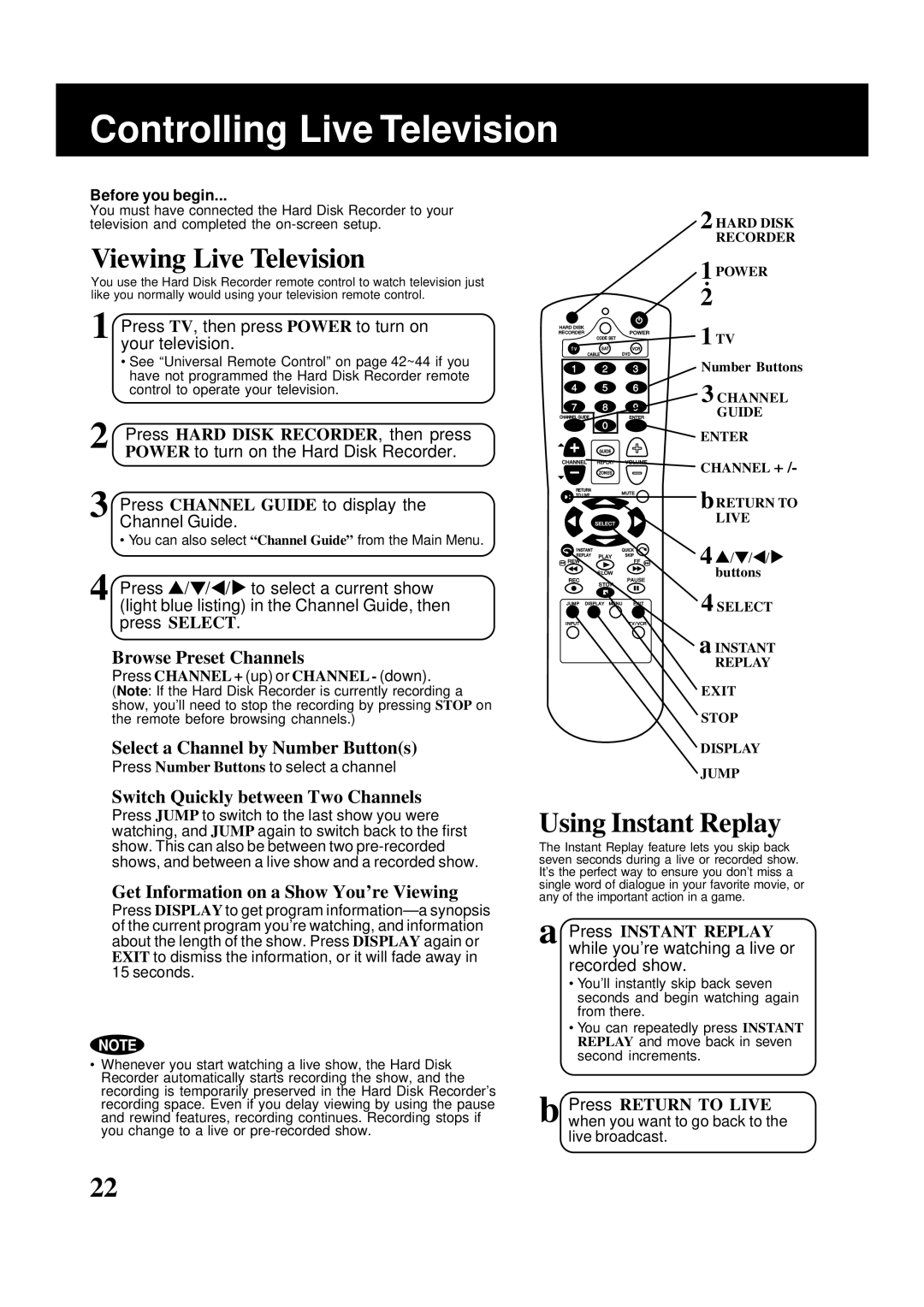 Panasonic PV-HS2000 Controlling Live Television, Viewing Live Television, Using Instant Replay, Before you begin 