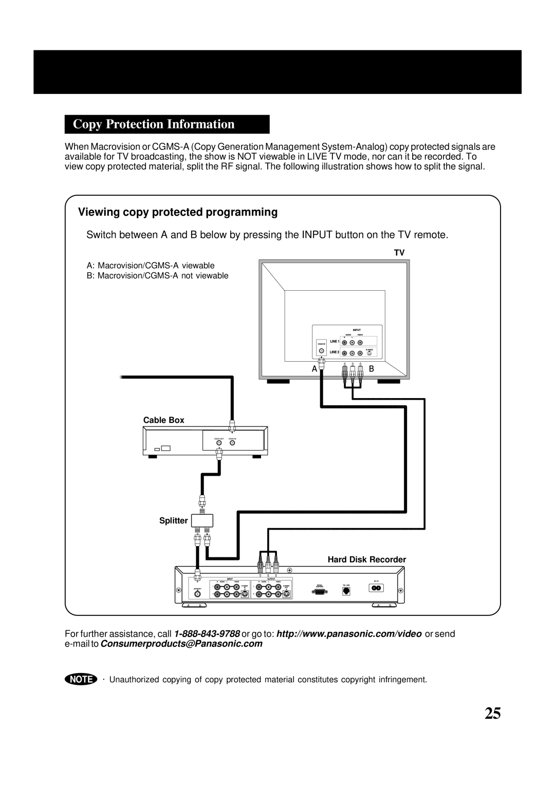 Panasonic PV-HS2000 Copy Protection Information, Viewing copy protected programming, Cable Box Splitter Hard Disk Recorder 