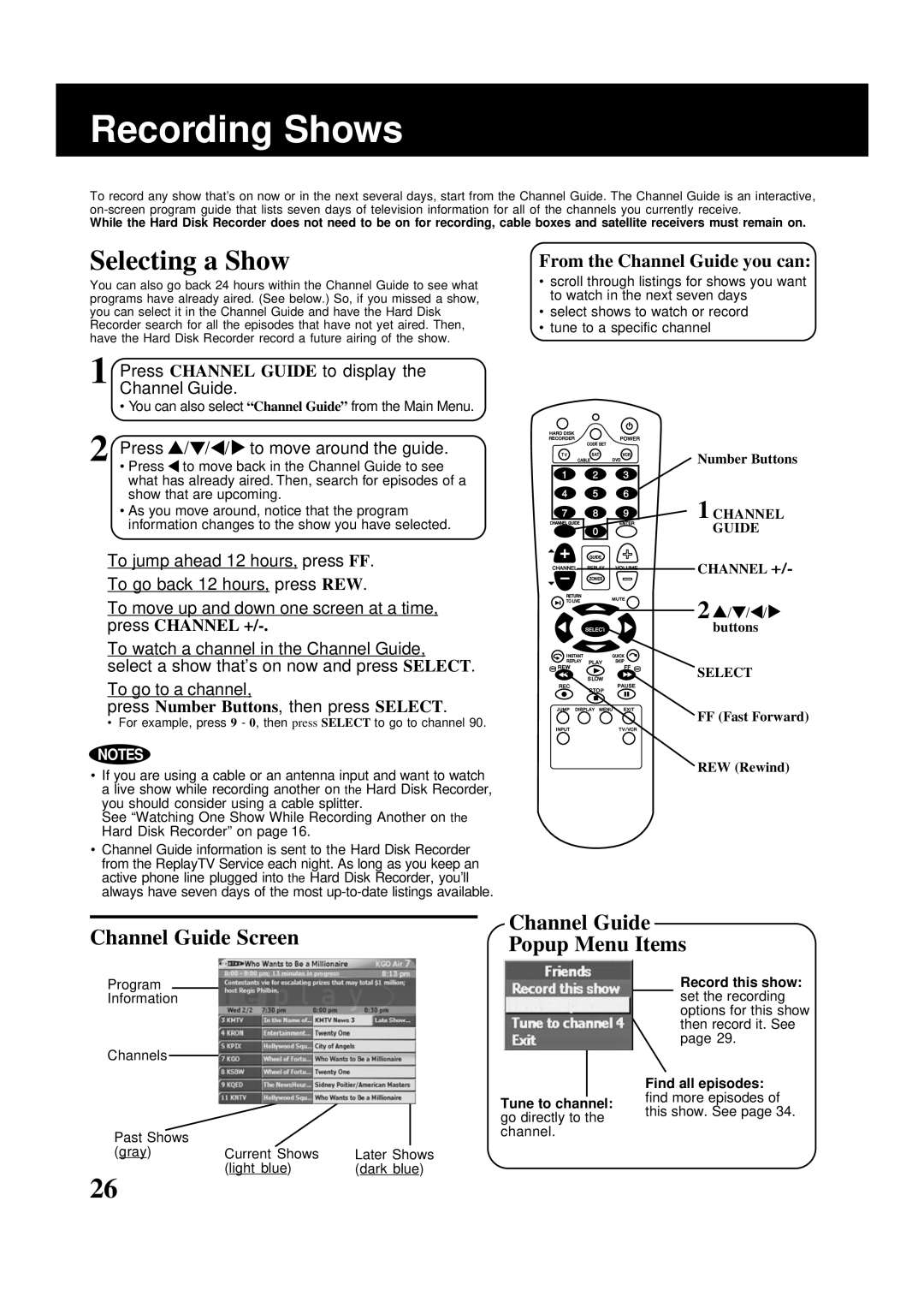 Panasonic PV-HS2000 Recording Shows, Selecting a Show, Channel Guide Screen Channel Guide Popup Menu Items 