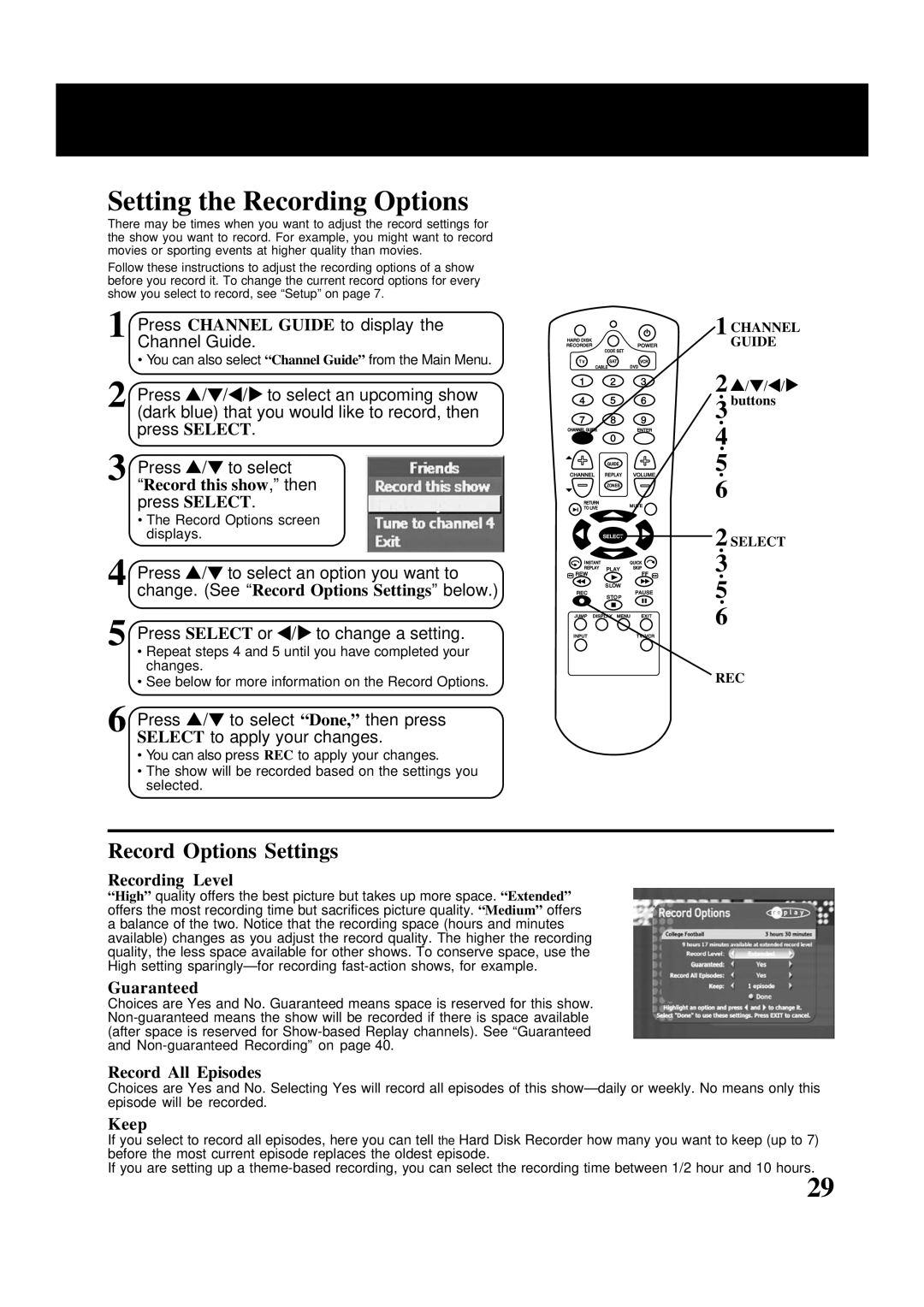 Panasonic PV-HS2000 operating instructions Setting the Recording Options, Record Options Settings 