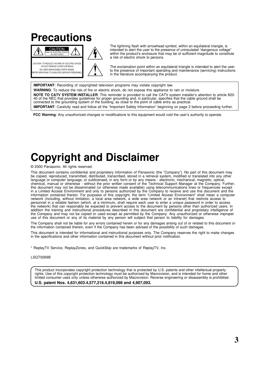 Panasonic PV-HS2000 operating instructions Precautions, Patent Nos ,631,603.4,577,216.4,819,098 and 4,907,093 