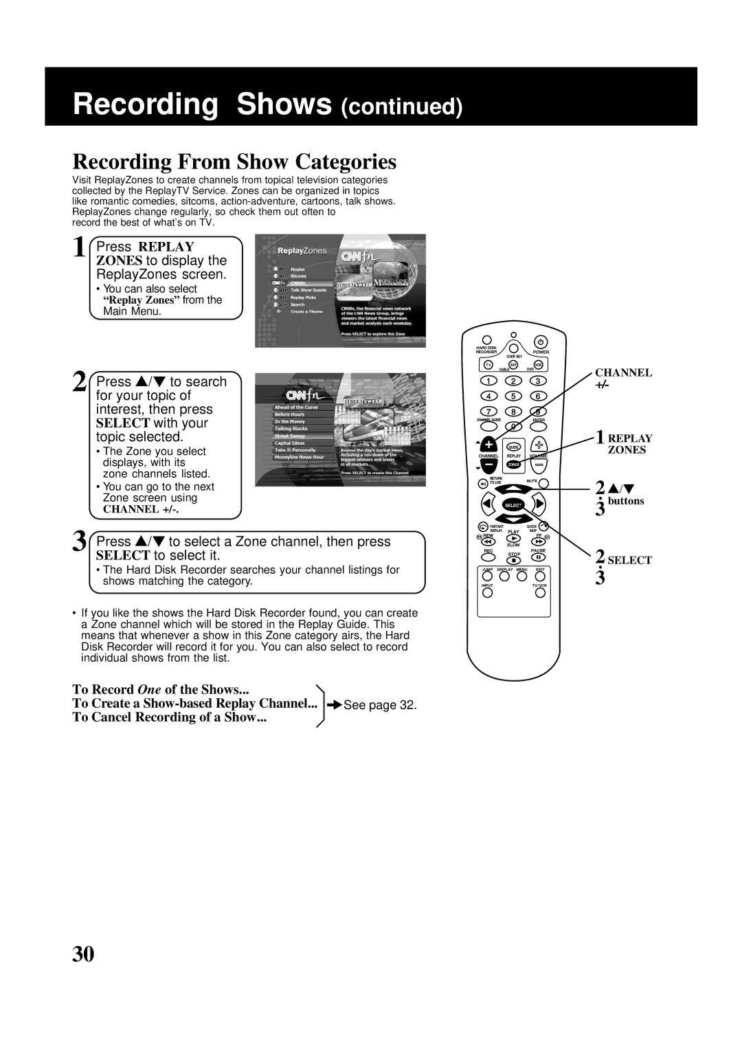 Panasonic PV-HS2000 Recording From Show Categories, Press Replay Zones to display the ReplayZones screen 