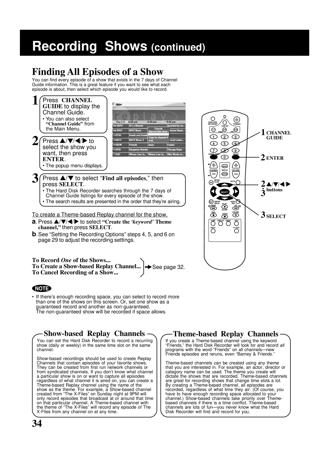 Panasonic PV-HS2000 Finding All Episodes of a Show, Show-based Replay Channels, Theme-based Replay Channels, Press Channel 