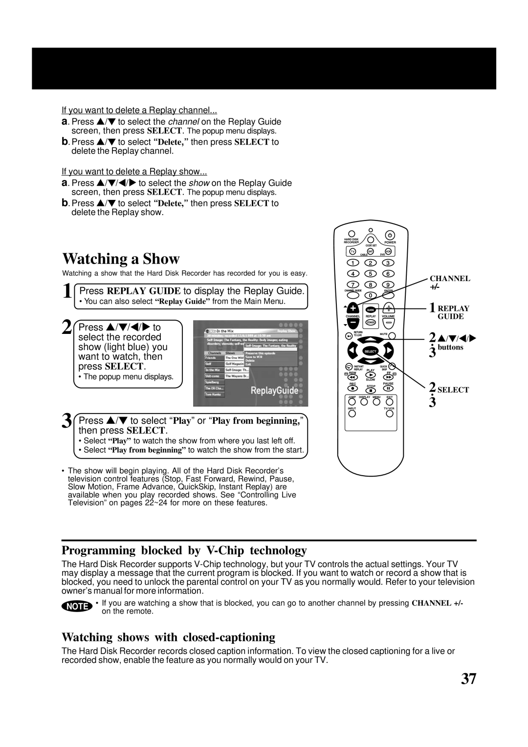 Panasonic PV-HS2000 Watching a Show, Programming blocked by V-Chip technology, Watching shows with closed-captioning 