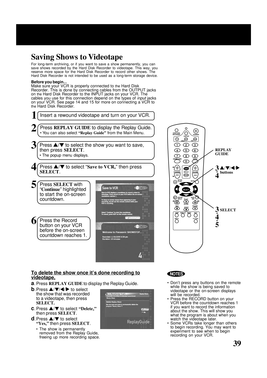 Panasonic PV-HS2000 Saving Shows to Videotape, Press / to select Save to VCR, then press, Before you begin 