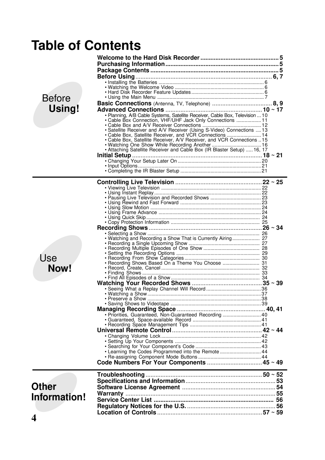 Panasonic PV-HS2000 operating instructions Table of Contents 