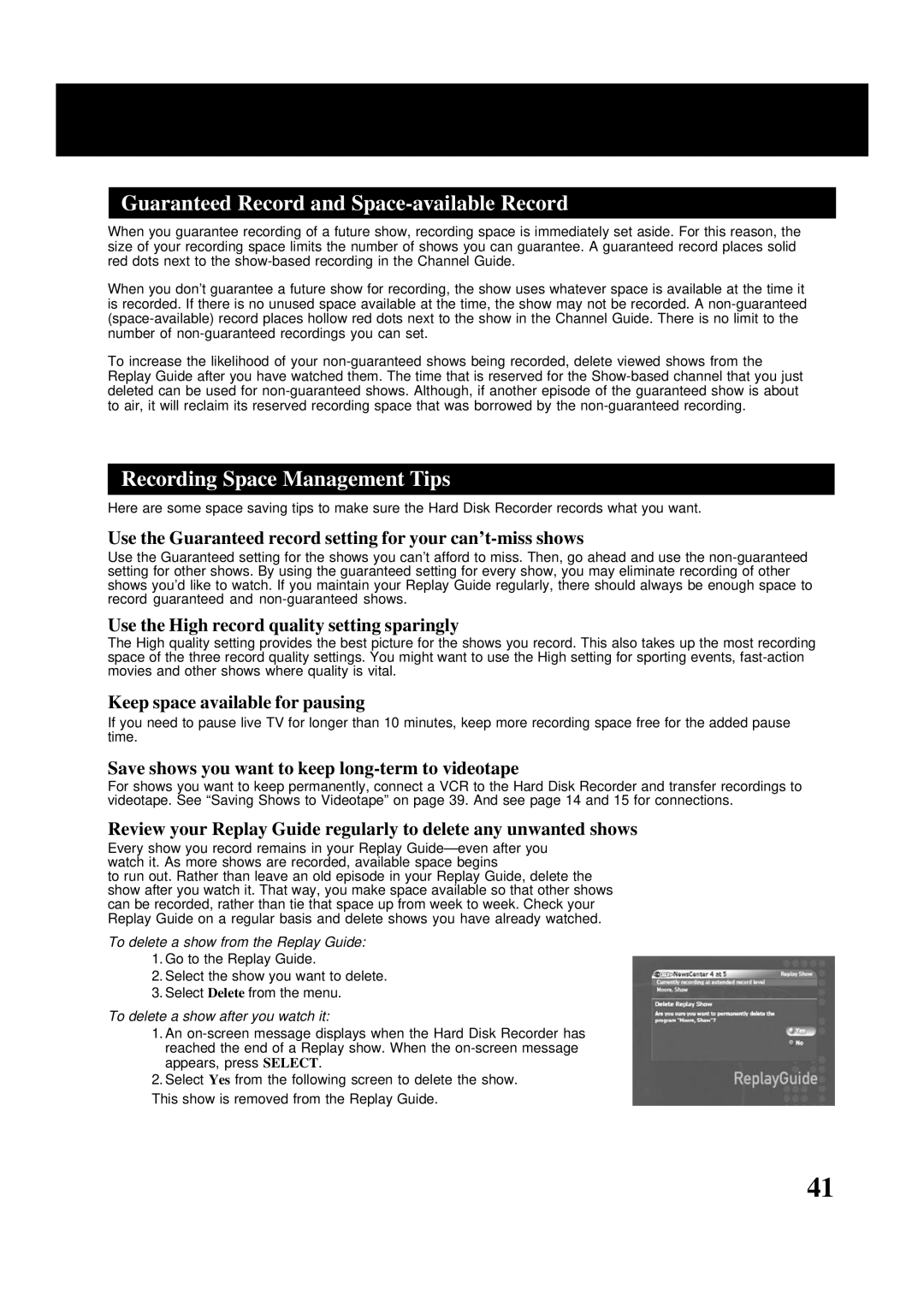 Panasonic PV-HS2000 operating instructions Guaranteed Record and Space-available Record, Recording Space Management Tips 