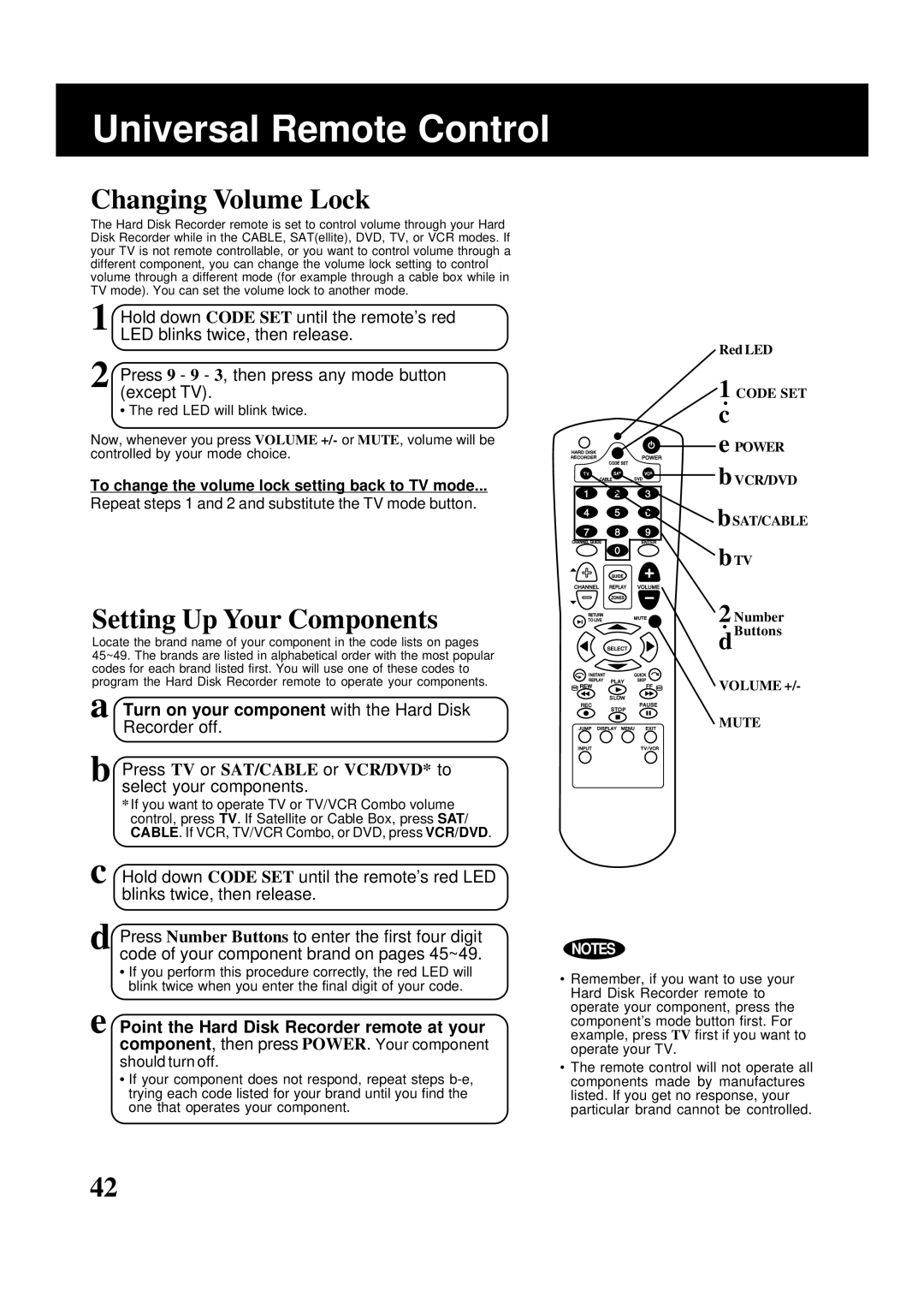 Panasonic PV-HS2000 operating instructions Universal Remote Control, Changing Volume Lock, Setting Up Your Components 