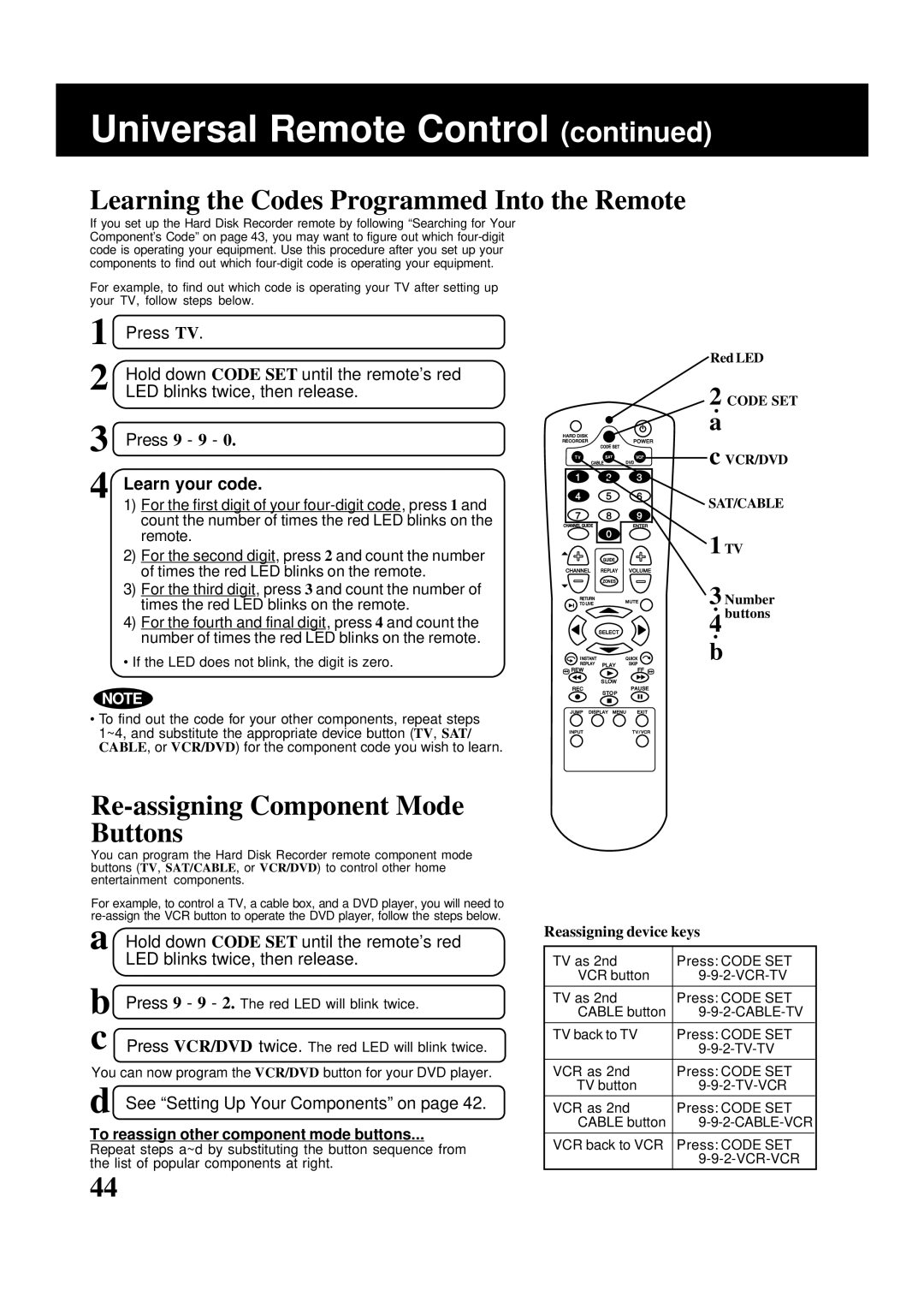 Panasonic PV-HS2000 Learning the Codes Programmed Into the Remote, Re-assigning Component Mode Buttons 