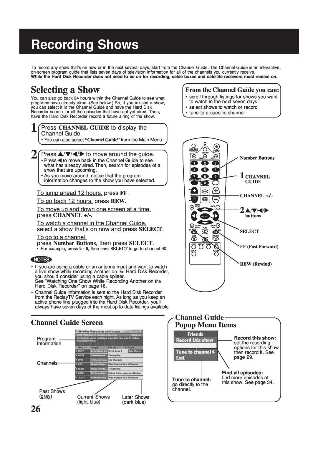 Panasonic PV-HS2000 Recording Shows, Selecting a Show, Channel Guide Screen, Channel Guide Popup Menu Items 