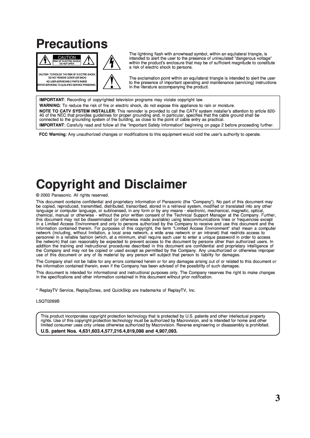 Panasonic PV-HS2000 Precautions, Copyright and Disclaimer, U.S. patent Nos. 4,631,603.4,577,216.4,819,098 and 4,907,093 