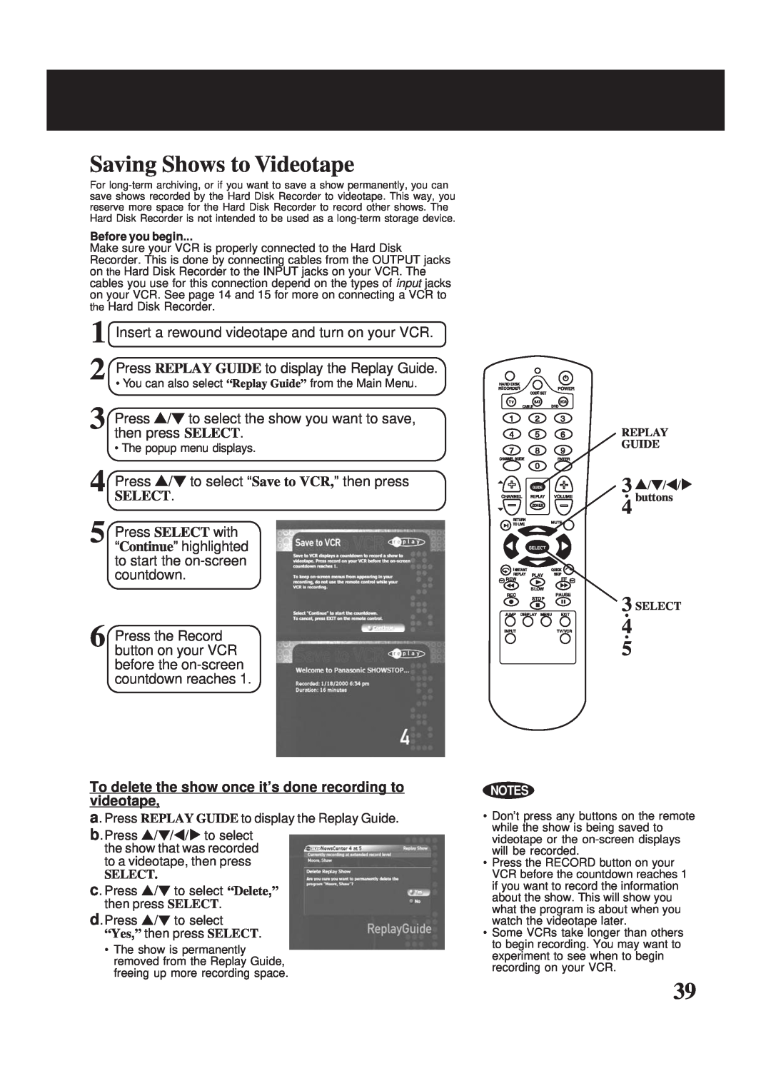 Panasonic PV-HS2000 Saving Shows to Videotape, Insert a rewound videotape and turn on your VCR, Select, Before you begin 