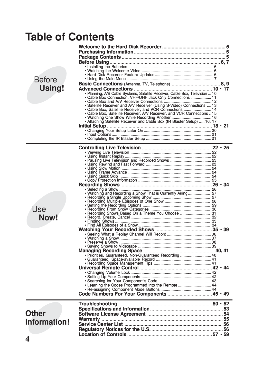 Panasonic PV-HS2000 operating instructions Table of Contents, Before, Using, Other, Information 