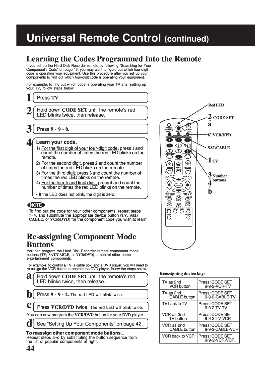 Panasonic PV-HS2000 Universal Remote Control continued, Learning the Codes Programmed Into the Remote, 1 TV, Press TV 