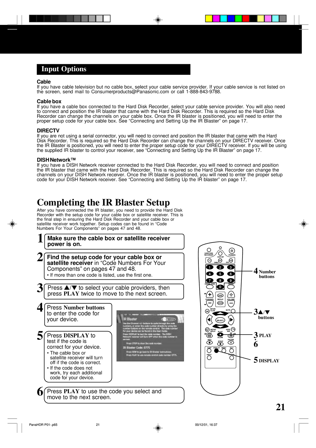 Panasonic PV-HS3000 manual Completing the IR Blaster Setup, Input Options, Press Number buttons 