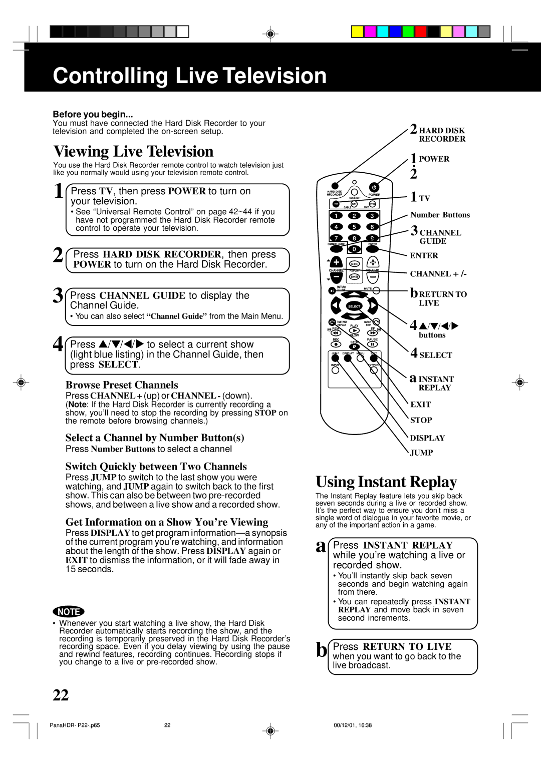 Panasonic PV-HS3000 manual Controlling Live Television, Viewing Live Television, Using Instant Replay, Before you begin 