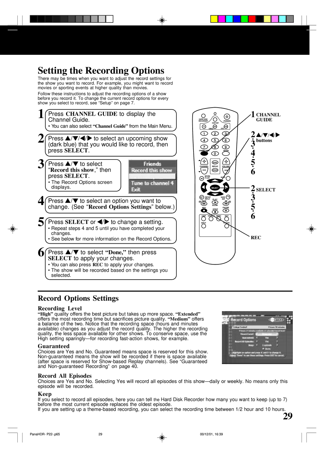 Panasonic PV-HS3000 manual Setting the Recording Options, Record Options Settings 