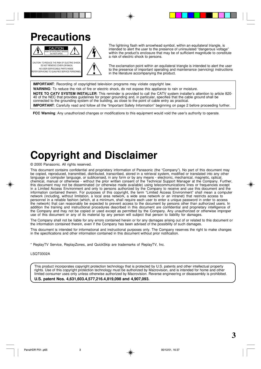 Panasonic PV-HS3000 manual Precautions, Patent Nos ,631,603.4,577,216.4,819,098 and 4,907,093 