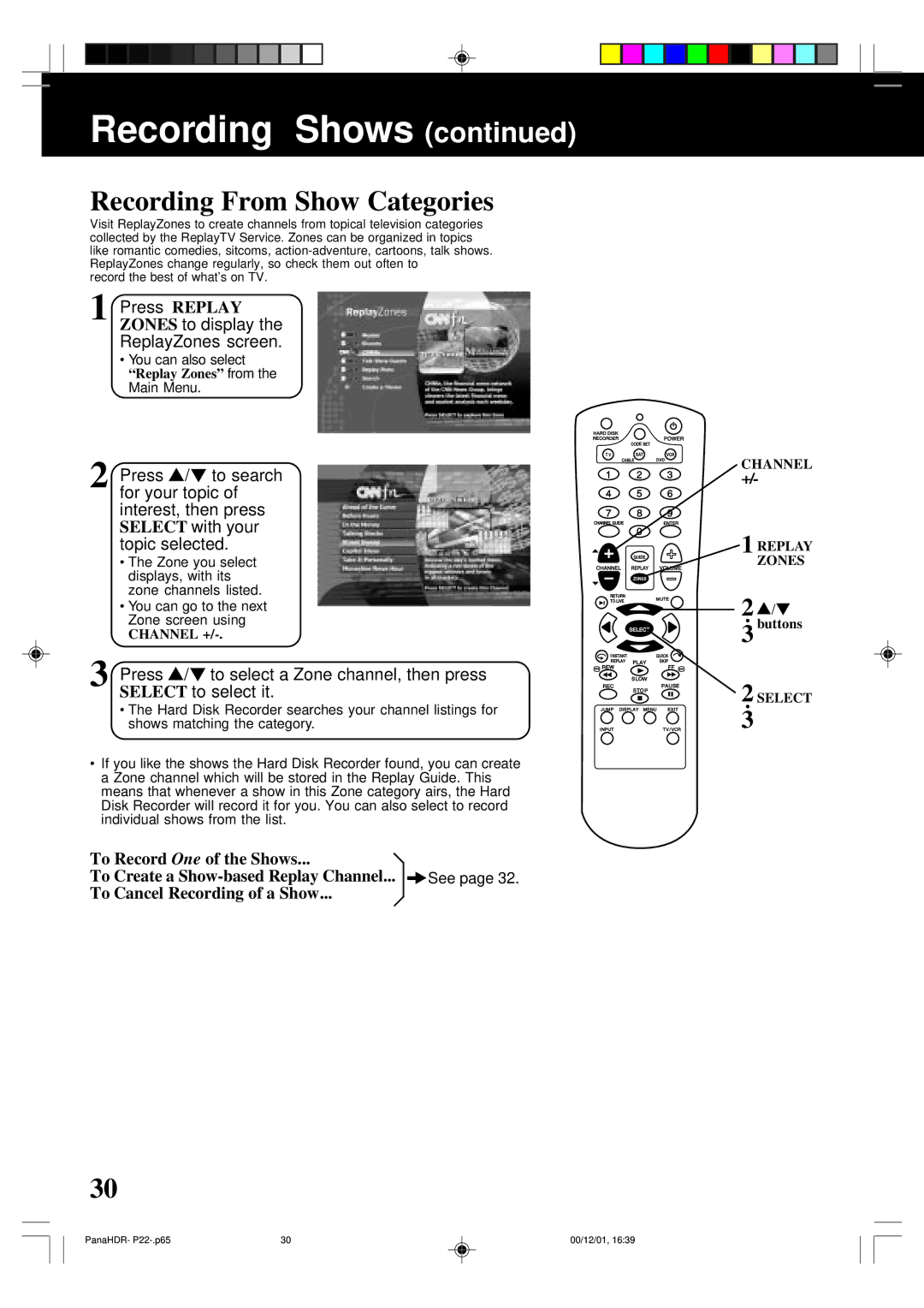 Panasonic PV-HS3000 manual Recording From Show Categories, Press Replay Zones to display the ReplayZones screen 