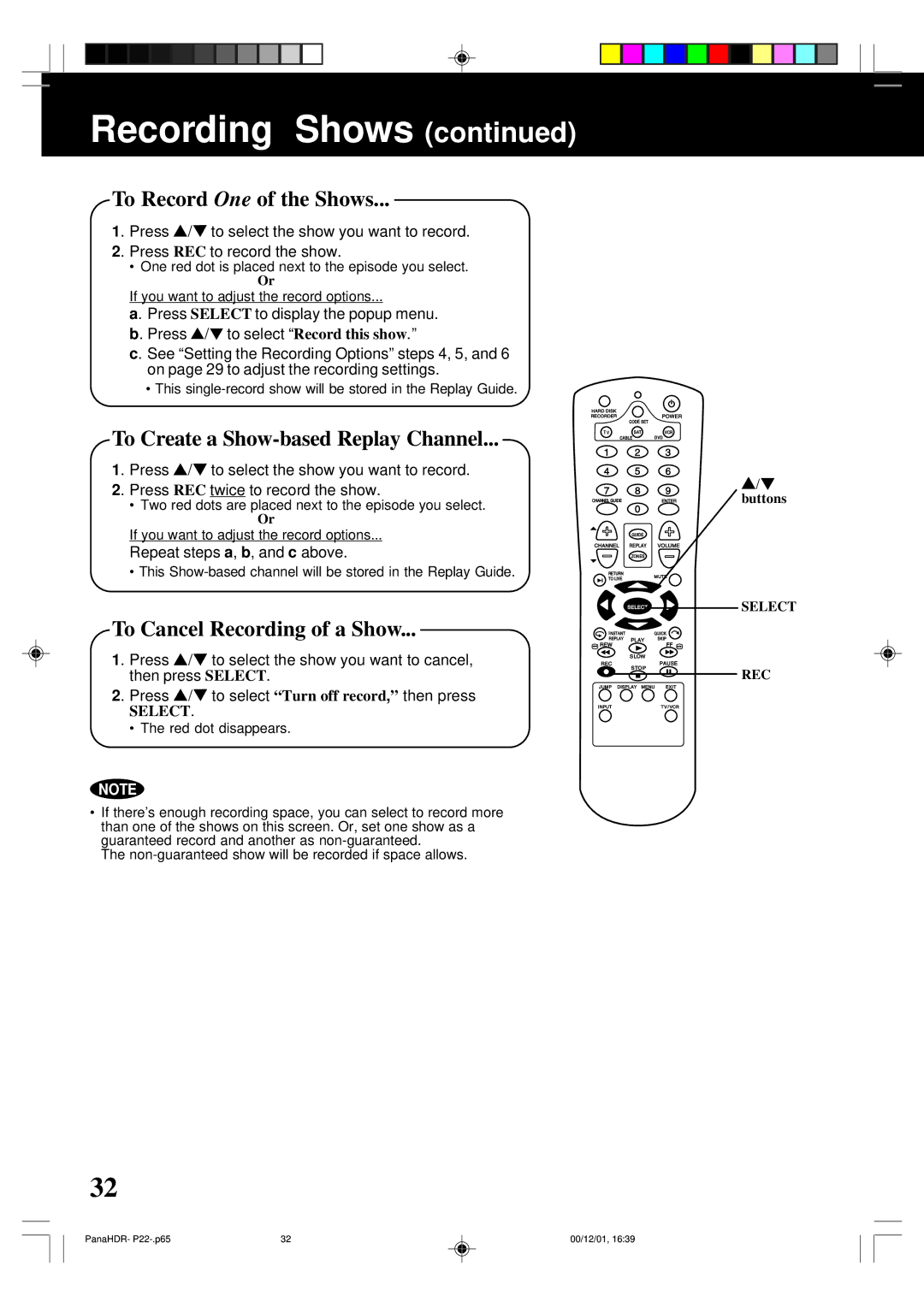 Panasonic PV-HS3000 manual To Record One of the Shows, To Create a Show-based Replay Channel, To Cancel Recording of a Show 