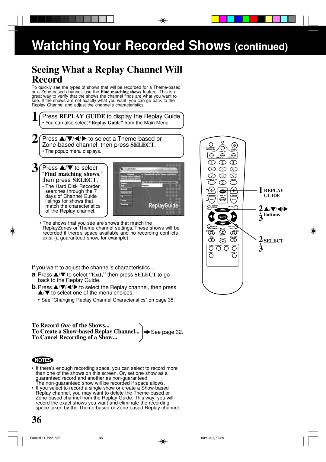 Panasonic PV-HS3000 manual Seeing What a Replay Channel Will Record, Press Replay Guide to display the Replay Guide 