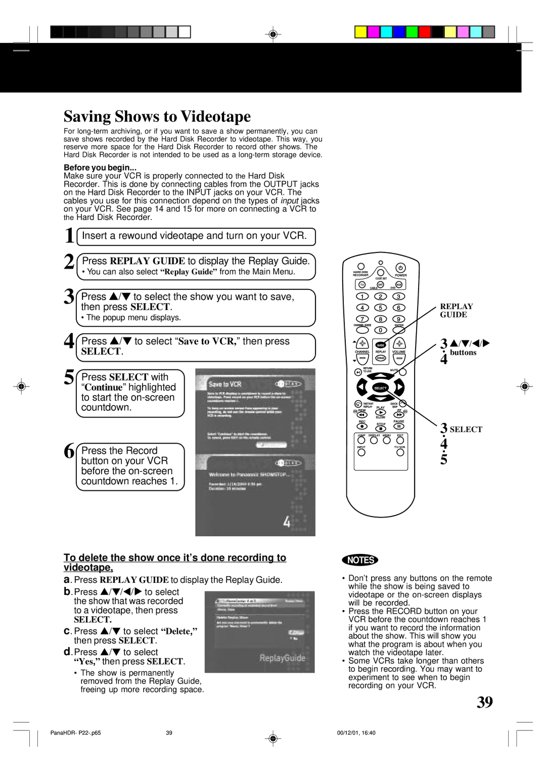 Panasonic PV-HS3000 manual Saving Shows to Videotape, Press / to select Save to VCR, then press, Before you begin 