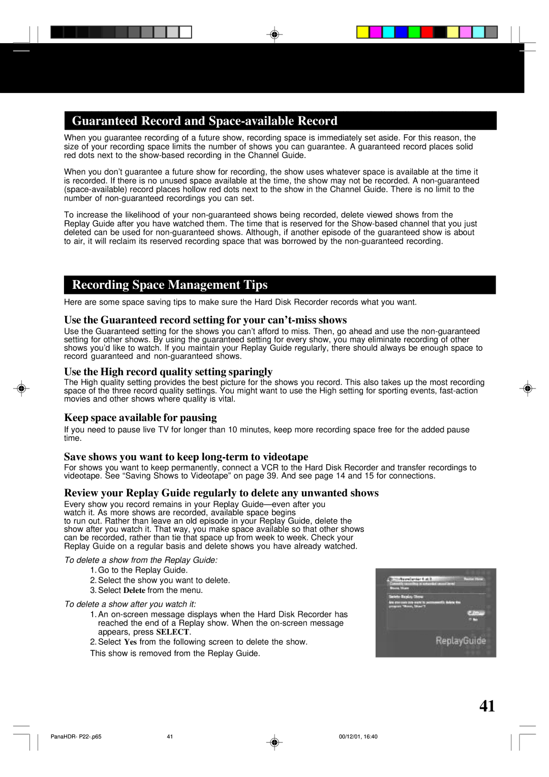 Panasonic PV-HS3000 manual Guaranteed Record and Space-available Record, Recording Space Management Tips 