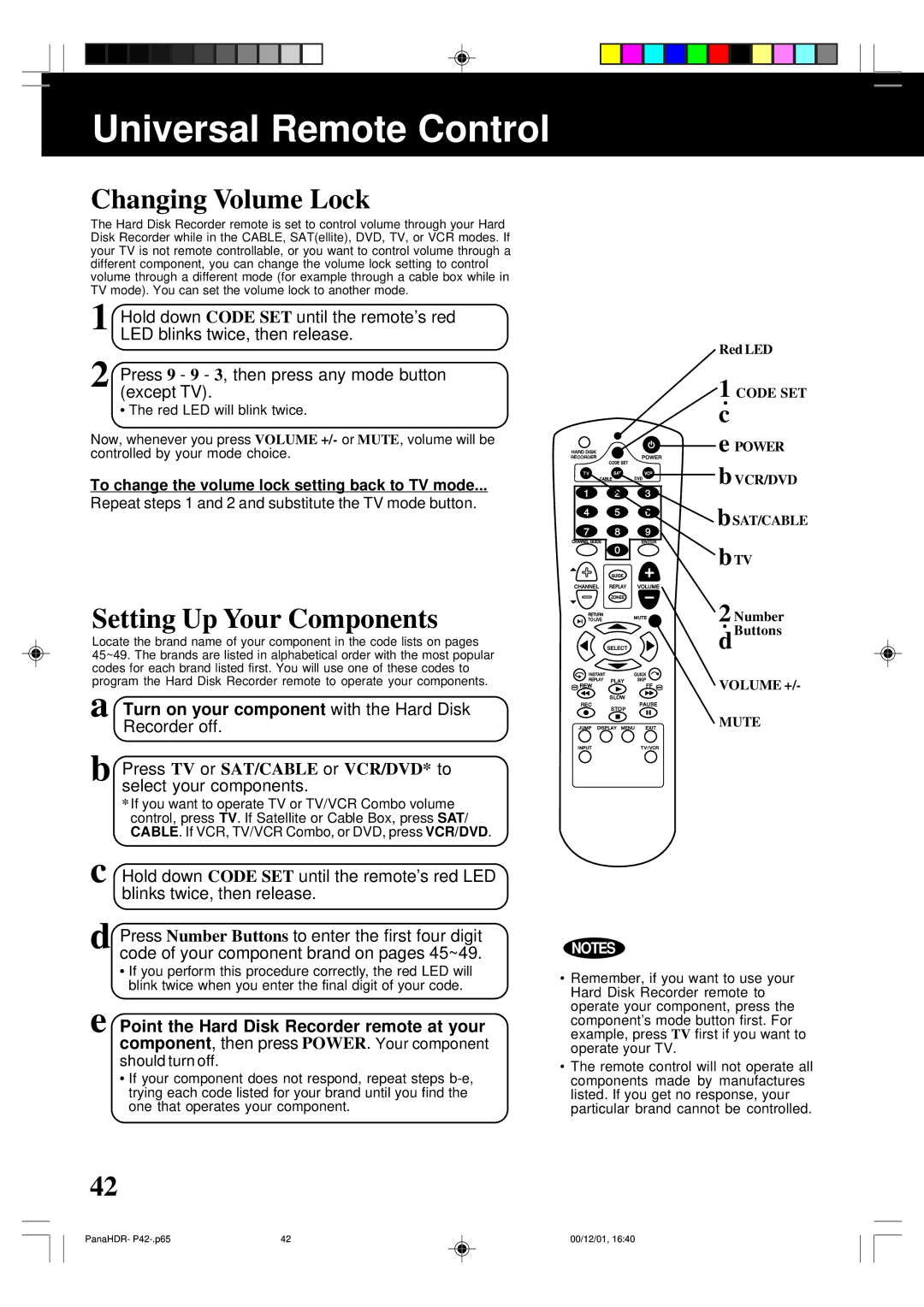 Panasonic PV-HS3000 manual Universal Remote Control, Changing Volume Lock, Setting Up Your Components 