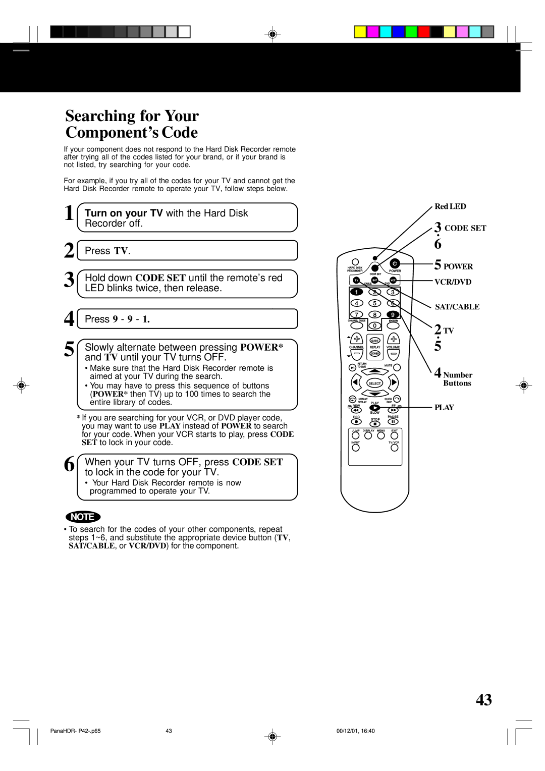 Panasonic PV-HS3000 manual Searching for Your Component’s Code 